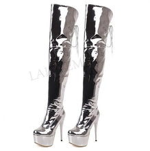 Load image into Gallery viewer, LAIGZEM Shiny Women Waterproof Thigh Boots Patent Silver Stiletto Heels Over Knee Winter Boot Shoes Botas Mujer Large Size 33 48