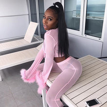 Load image into Gallery viewer, Tumblr Sexy See Through Pink Mesh Tracksuits Autumn Women Costume Two Piece Set Long Sleeve Fluffy Crop Top And Pants Streetwear