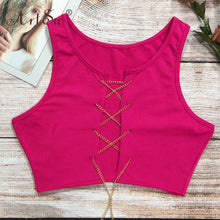 Load image into Gallery viewer, ArtSu Silver Gold Metal Chain Sexy Lace Up Crop Top Female Clubwear Women Hollow Out Tank Top Tees Summer White Black Red Tops