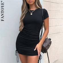 Load image into Gallery viewer, FANTOYE Ruched Drawstring Bodycon Dress Women Sexy Short Sleeve Club Party Dress Ladies Solid Skinny Elegant Dress Summer 2020