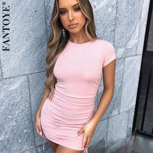 Load image into Gallery viewer, FANTOYE Ruched Drawstring Bodycon Dress Women Sexy Short Sleeve Club Party Dress Ladies Solid Skinny Elegant Dress Summer 2020