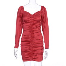 Load image into Gallery viewer, Hugcitar 2019 long puff sleeve slash neck satin pleated sexy mini dress autumn winter women solid party elegant streetwear outfi