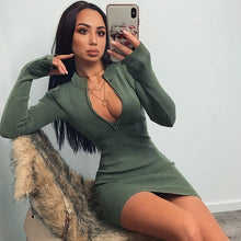 Load image into Gallery viewer, Women Winter Fall Bodycon Ribbed Dress 2020 New Stand Collar Zipper Deep V-neck Solid Stretch Bodycon Pencil Party Mini Vestido