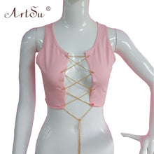 Load image into Gallery viewer, ArtSu Silver Gold Metal Chain Sexy Lace Up Crop Top Female Clubwear Women Hollow Out Tank Top Tees Summer White Black Red Tops