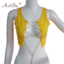 Load image into Gallery viewer, ArtSu Silver Gold Metal Chain Sexy Lace Up Crop Top Female Clubwear Women Hollow Out Tank Top Tees Summer White Black Red Tops