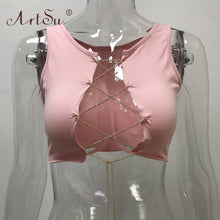 Load image into Gallery viewer, ArtSu Red Black White Metal Chain Sleeveless Crop Top Sexy Clubwear Women Adjustable Lace Up Hollow Out Tank Tops Tees Camisole
