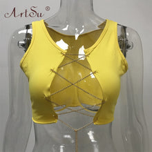 Load image into Gallery viewer, ArtSu Red Black White Metal Chain Sleeveless Crop Top Sexy Clubwear Women Adjustable Lace Up Hollow Out Tank Tops Tees Camisole