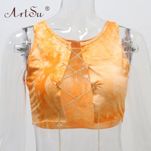 Load image into Gallery viewer, ArtSu Silver Gold Metal Chain Sexy Lace Up Crop Top Female Clubwear Women Hollow Out Tank Top Tees Summer White Black Red Tops
