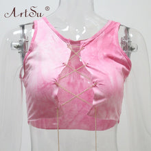 Load image into Gallery viewer, ArtSu Silver Gold Metal Chain Sexy Lace Up Crop Top Female Clubwear Women Hollow Out Tank Top Tees Summer White Black Red Tops