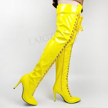 Load image into Gallery viewer, LAIGZEM Women Thigh High Boots Shiny Wide Calf Friendly Lace Up Side Zip Stiletto Heels Over Knee Botines Mujer Big Size 44 47
