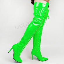 Load image into Gallery viewer, LAIGZEM Women Thigh High Boots Shiny Wide Calf Friendly Lace Up Side Zip Stiletto Heels Over Knee Botines Mujer Big Size 44 47