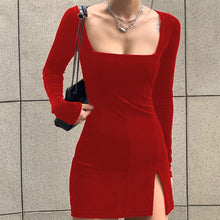Load image into Gallery viewer, SUCHCUTE velvet women dress bodycon Modis soild Autumn Winter 2020 elegent split Femme Dresses party long sleeve gothic clothes