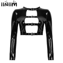 Load image into Gallery viewer, Womens Wet Look Fashion Tops Patent Leather Hollow Out Front with Buckles Gothic Punk Moto Costume Crop Top for Party Clubwear