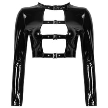 Load image into Gallery viewer, Womens Wet Look Fashion Tops Patent Leather Hollow Out Front with Buckles Gothic Punk Moto Costume Crop Top for Party Clubwear