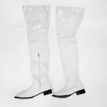 Load image into Gallery viewer, LAIGZEM Women Over Knee Boots Shiny Patent Side Zip Low Chunky Heels Boots Thigh High Shoes Waterproof Botas Big Size 47 50 52