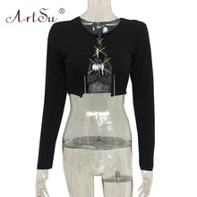 Load image into Gallery viewer, ArtSu Silver Gold Metal Chain Sexy Lace Up Crop Top Female Clubwear Women Hollow Out Tank Top Tees Summer White Black Red Tops
