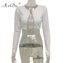 Load image into Gallery viewer, ArtSu Silver Gold Metal Chain Sexy Lace Up Crop Top Female Clubwear Women Hollow Out Tank Top Tees Summer White Black Red Tops