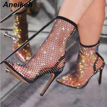 Load image into Gallery viewer, Aneikeh 2020 Spring Sexy Bling CRYSTAL Mesh Pumps Woman Fetish Thin High Heel PVC Pointed End Stripper Slip-On Retro Party Shoes