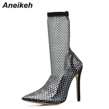 Load image into Gallery viewer, Aneikeh 2020 Spring Sexy Bling CRYSTAL Mesh Pumps Woman Fetish Thin High Heel PVC Pointed End Stripper Slip-On Retro Party Shoes