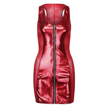 Load image into Gallery viewer, Women V Neck Sleeveless PVC Dresses With Zipper Tight Dress Mesh Stitching Bodycon Leather Dress Nightclub Party Mini Sexy Dress