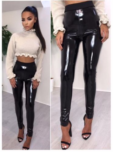 Hot Sale Women Vinyl PVC Wet Look High Waist Pants Female Shiny Disco Elasticated Skinny Pencil Sexy Pants Outfits