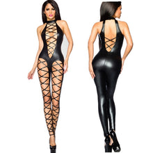 Load image into Gallery viewer, Women Pvc Catsuit Sexy Black Bandage Catsuit Hollow out PU Leather Bodysuit Sexy Club Wear Hot Erotic Pole Dance Costumes M7289
