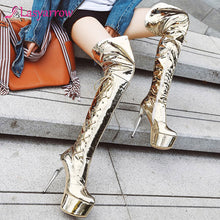 Load image into Gallery viewer, Lasyarrow women extremely high stiletto heel night club dance thigh high boots ladies platform shiny silver over-the-knee boots
