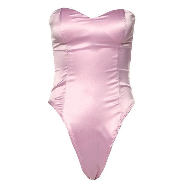 Shestyle Bunny Tail Strapless Satin Bodysuits Women Pink Lovely Sexy Party Club Costume Bra Shape Backless Rabbit Body Suits