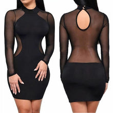 Load image into Gallery viewer, Sexy Women Mesh Sheer Long Sleeve Bodycon Party Club Mini Short Dress Black Sexy Patchwork Sheath Ladies Dress Clubwear
