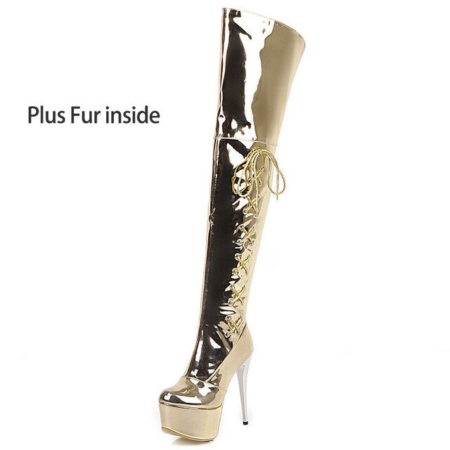 Lasyarrow women extremely high stiletto heel night club dance thigh high boots ladies platform shiny silver over-the-knee boots