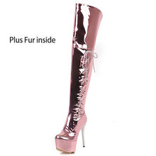 Load image into Gallery viewer, Lasyarrow women extremely high stiletto heel night club dance thigh high boots ladies platform shiny silver over-the-knee boots
