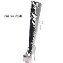 Load image into Gallery viewer, Lasyarrow women extremely high stiletto heel night club dance thigh high boots ladies platform shiny silver over-the-knee boots
