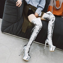 Load image into Gallery viewer, Lasyarrow women extremely high stiletto heel night club dance thigh high boots ladies platform shiny silver over-the-knee boots
