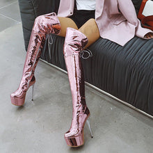 Load image into Gallery viewer, LAIGZEM Shiny Women Waterproof Thigh Boots Patent Silver Stiletto Heels Over Knee Winter Boot Shoes Botas Mujer Large Size 33 48
