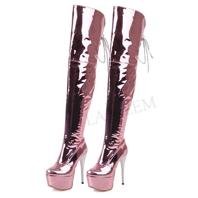 LAIGZEM Shiny Women Waterproof Thigh Boots Patent Silver Stiletto Heels Over Knee Winter Boot Shoes Botas Mujer Large Size 33 48