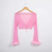 Load image into Gallery viewer, Tumblr Sexy See Through Pink Mesh Tracksuits Autumn Women Costume Two Piece Set Long Sleeve Fluffy Crop Top And Pants Streetwear
