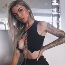 Load image into Gallery viewer, ArtSu Silver Gold Metal Chain Sexy Lace Up Crop Top Female Clubwear Women Hollow Out Tank Top Tees Summer White Black Red Tops
