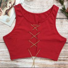 Load image into Gallery viewer, ArtSu Silver Gold Metal Chain Sexy Lace Up Crop Top Female Clubwear Women Hollow Out Tank Top Tees Summer White Black Red Tops
