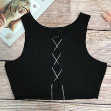 Load image into Gallery viewer, ArtSu Silver Gold Metal Chain Sexy Lace Up Crop Top Female Clubwear Women Hollow Out Tank Top Tees Summer White Black Red Tops
