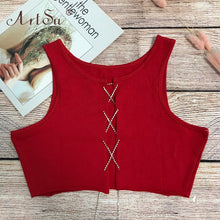 Load image into Gallery viewer, ArtSu Silver Gold Metal Chain Sexy Lace Up Crop Top Female Clubwear Women Hollow Out Tank Top Tees Summer White Black Red Tops
