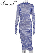 Load image into Gallery viewer, Simenual Mesh See Through Sexy Hot Maxi Dress Women Long Sleeve with Gloves Party Clubwear Print 2020 Hollow Out Bodycon Dresses
