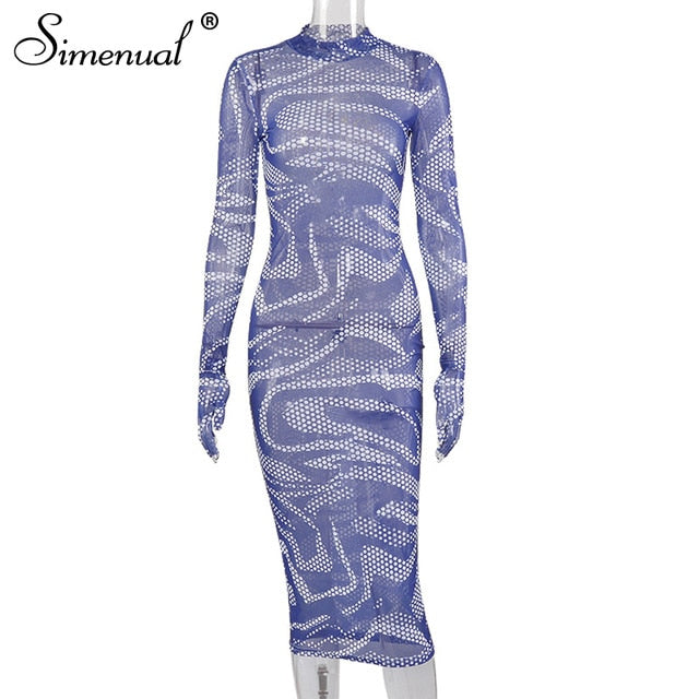 Simenual Mesh See Through Sexy Hot Maxi Dress Women Long Sleeve with Gloves Party Clubwear Print 2020 Hollow Out Bodycon Dresses