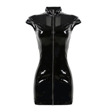 Load image into Gallery viewer, Women Sexy Mesh Deep V Back Zipper Wet Look PVC Mini Dress Bodycon Vinyl Shiny Nightclub Dresses
