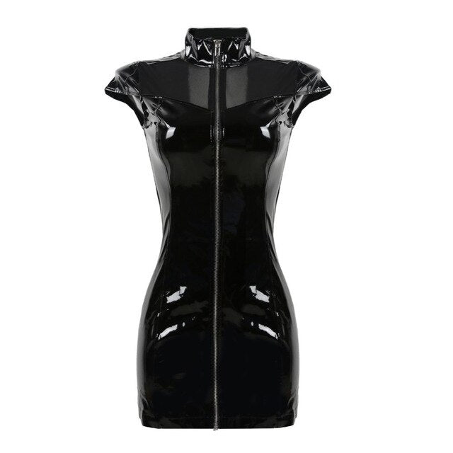 Women Sexy Mesh Deep V Back Zipper Wet Look PVC Mini Dress Bodycon Vinyl Shiny Nightclub Dresses