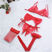 Load image into Gallery viewer, 4pcs Babydoll Sexy Lingerie Set Open Bra Panties Garters Net Stockings Erotic Baby Doll Women Sexy Costumes Underwear Lenceria
