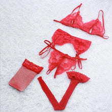 Load image into Gallery viewer, 4pcs Babydoll Sexy Lingerie Set Open Bra Panties Garters Net Stockings Erotic Baby Doll Women Sexy Costumes Underwear Lenceria
