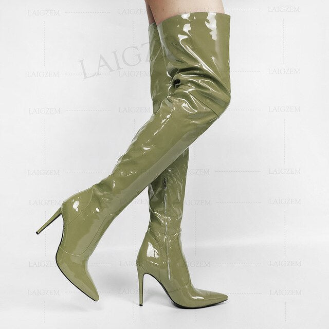 LAIGZEM Women Thigh High Boots Patent Shiny Stiletto High Heels Boots Basic Party Club Ladies Shoes Woman Large Size 43 44 47 48