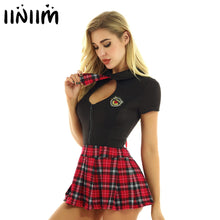Load image into Gallery viewer, Womens Adutls Japanese Schoolgirl Cosplay Uniform Femme Sexy Costume Top with Plaid Pleated Mini Skirt Briefs for Dance Clubwear
