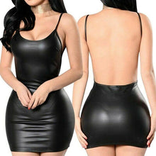 Load image into Gallery viewer, 2019 Sexy Faux Leather Dress Backless Club Party Short Dress Solid Black Wet Look Latex Bodycon Push Up Bra Mini Micro Dress
