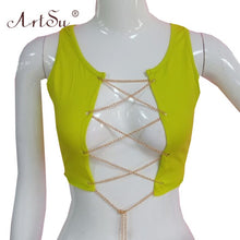 Load image into Gallery viewer, ArtSu Silver Gold Metal Chain Sexy Lace Up Crop Top Female Clubwear Women Hollow Out Tank Top Tees Summer White Black Red Tops
